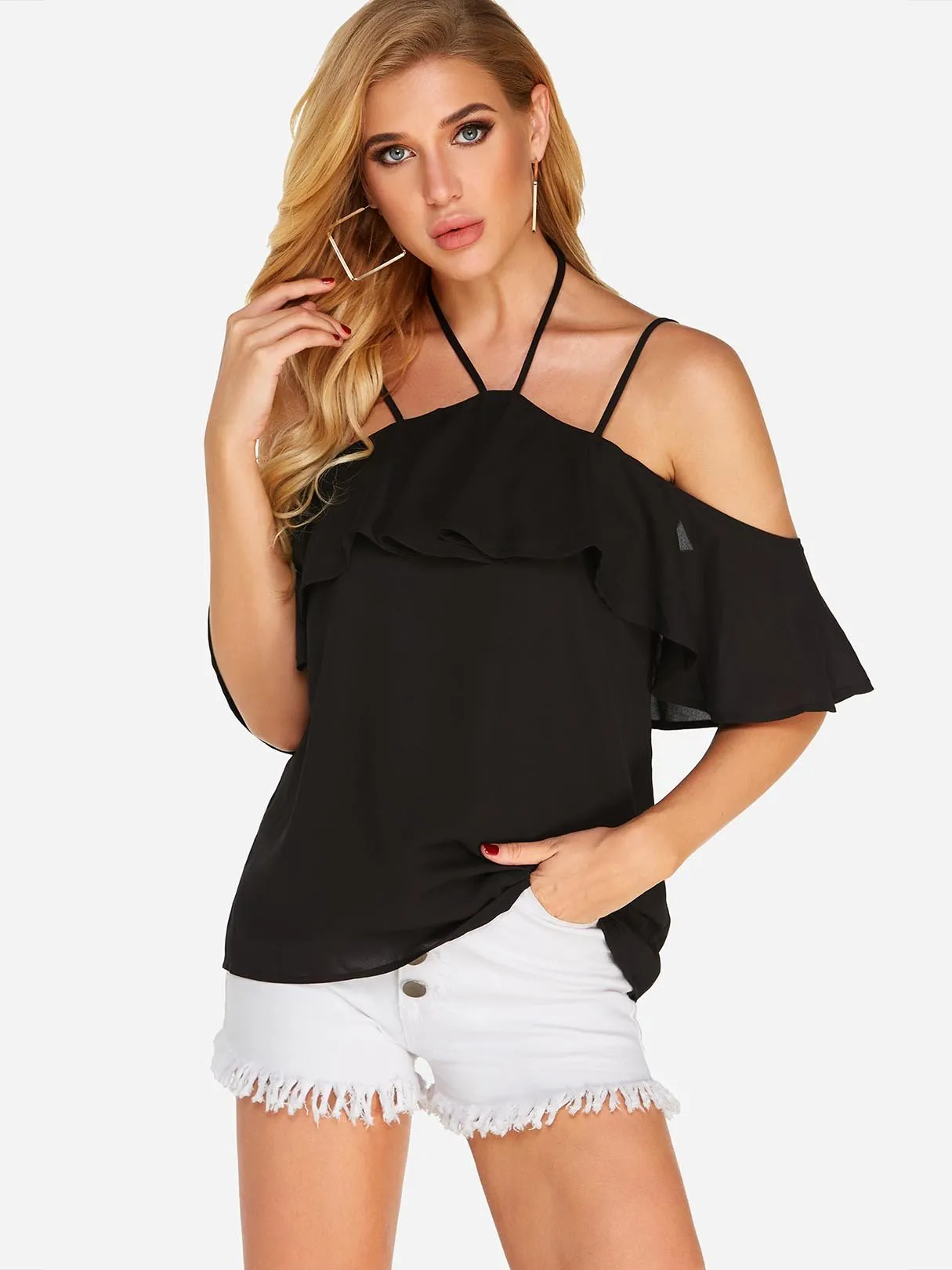 Custom Halter Tiered Short Sleeve Black Blouses