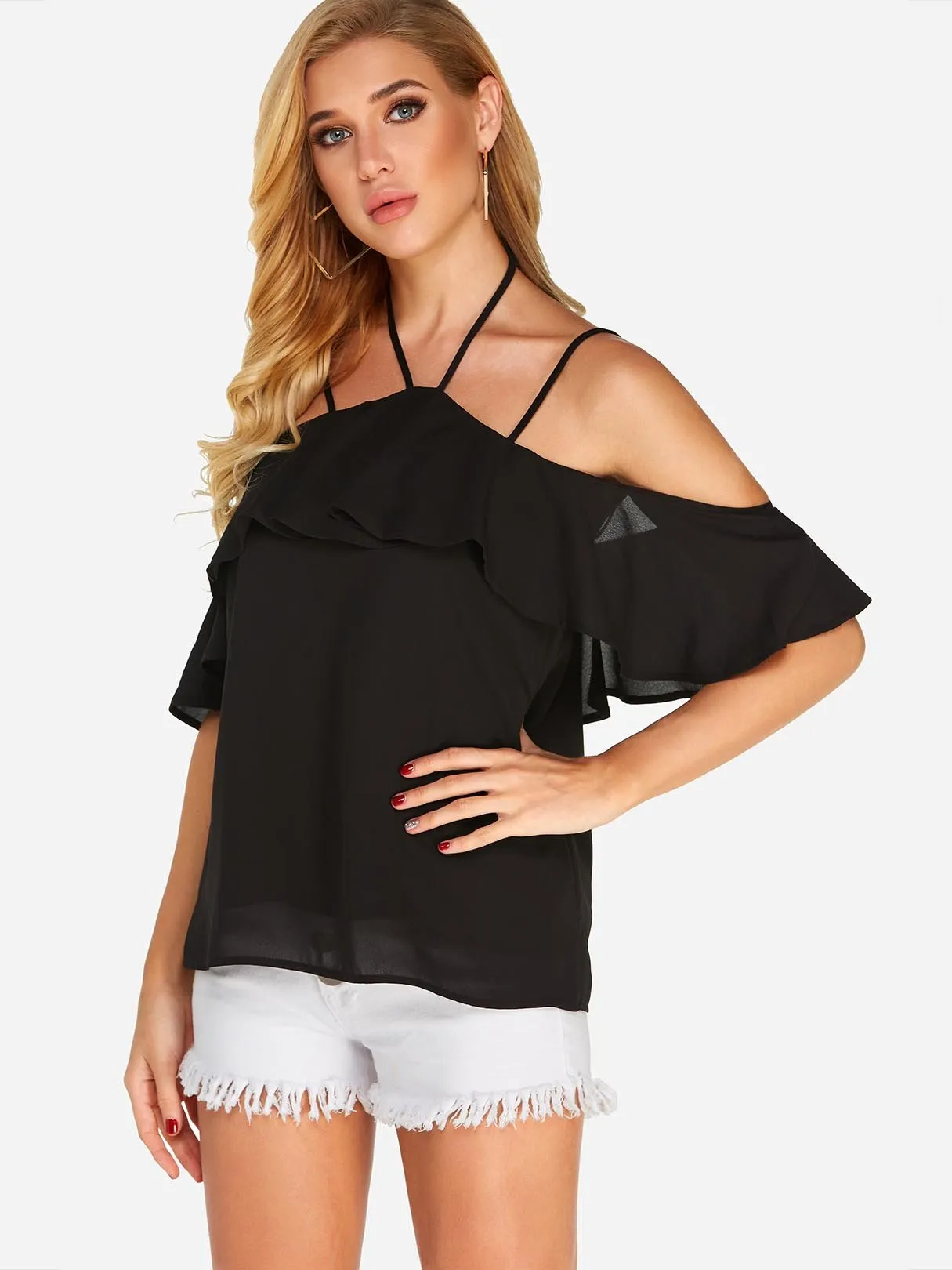 Custom Halter Tiered Short Sleeve Black Blouses