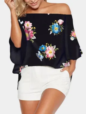 Custom Off The Shoulder Floral Print 3/4 Sleeve Bodycon Hem Black Blouses