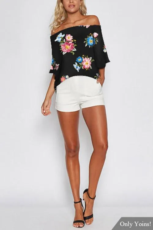 Custom Off The Shoulder Floral Print 3/4 Sleeve Bodycon Hem Black Blouses