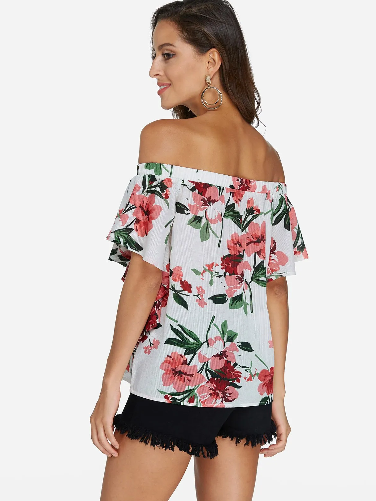 Custom Off The Shoulder Floral Print Short Sleeve White Blouses