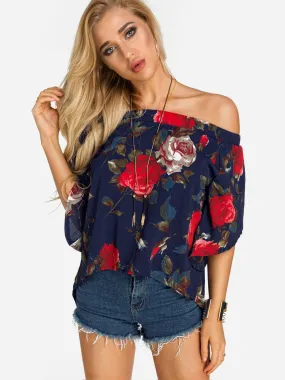 Custom Off The Shoulder Floral Print Slit Half Sleeve Blouses