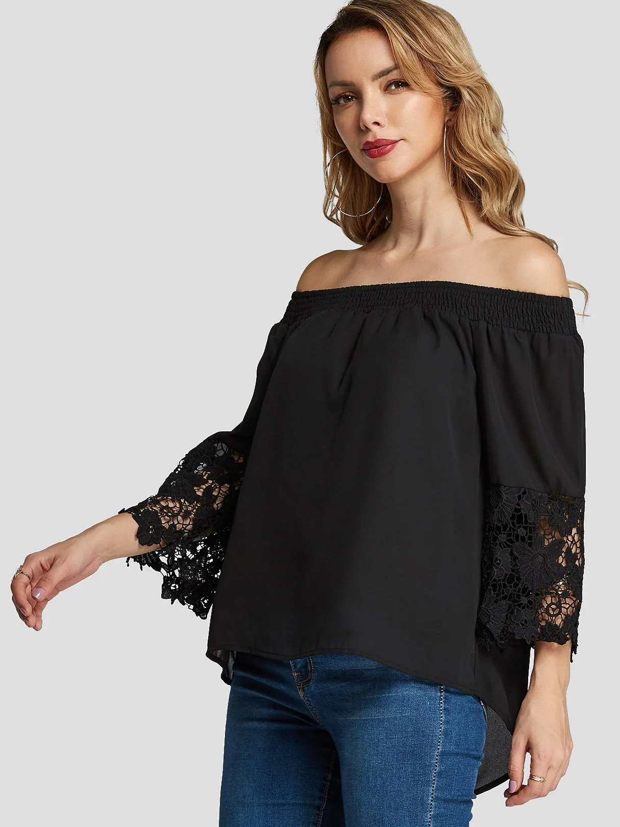 Custom Off The Shoulder Lace Pleated 3/4 Sleeve Black Blouses