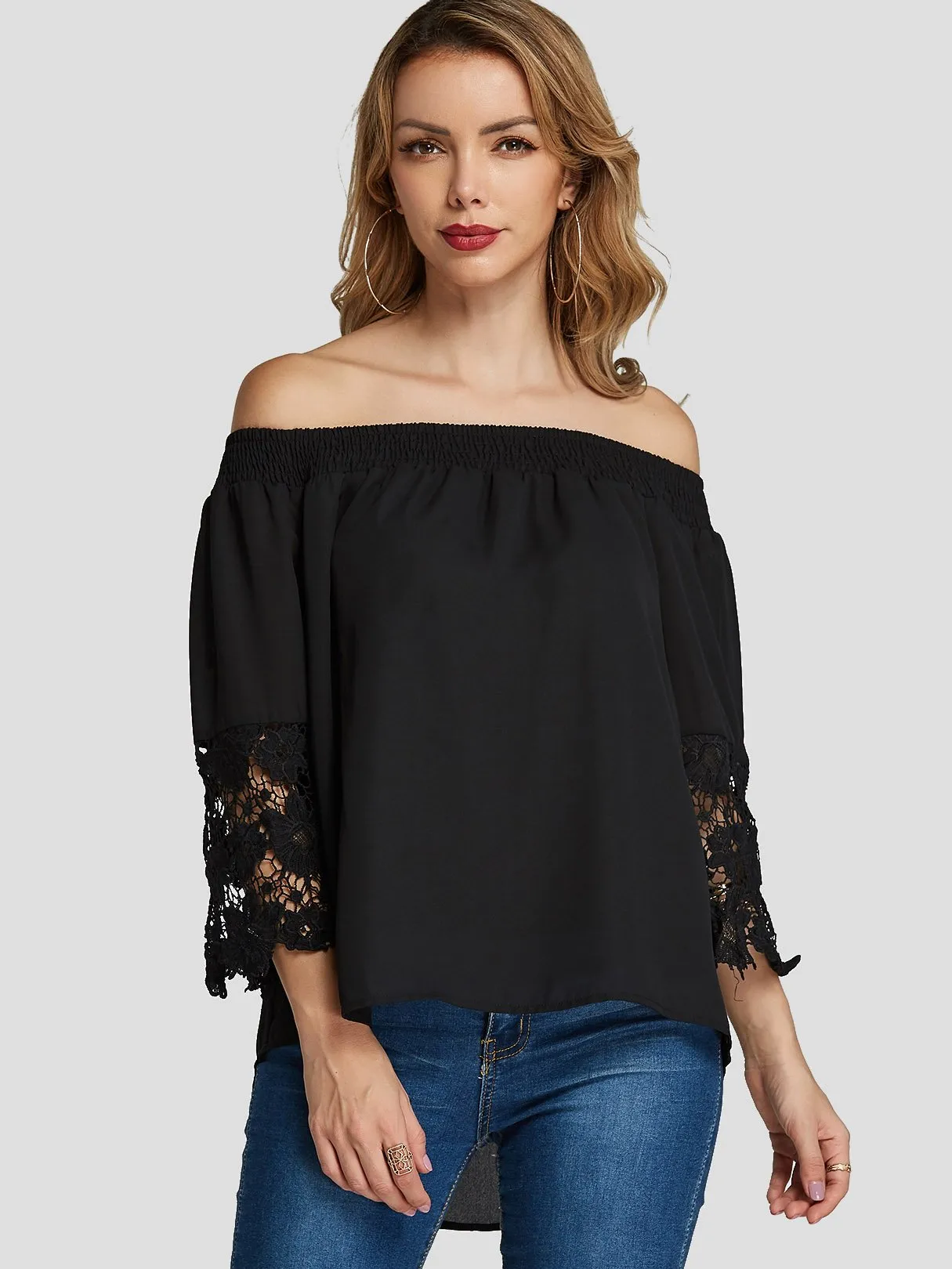 Custom Off The Shoulder Lace Pleated 3/4 Sleeve Black Blouses