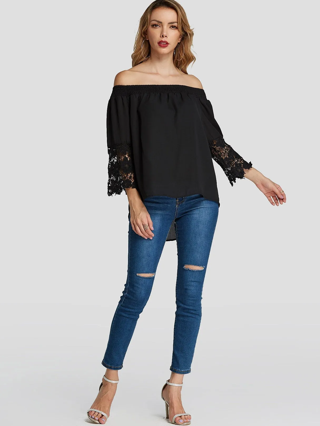 Custom Off The Shoulder Lace Pleated 3/4 Sleeve Black Blouses