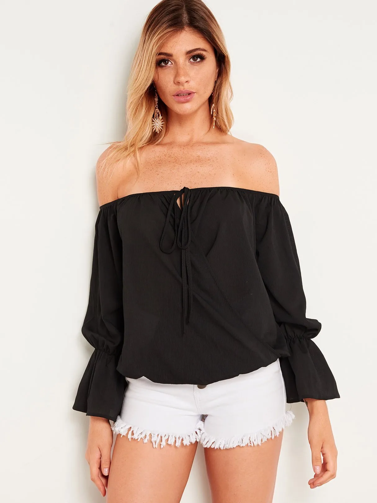 Custom Off The Shoulder Plain Crossed Front Self-Tie Long Sleeve Black Blouses