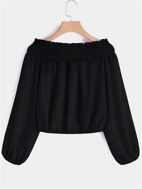 Custom Off The Shoulder Plain Lace-Up Long Sleeve Black Blouses