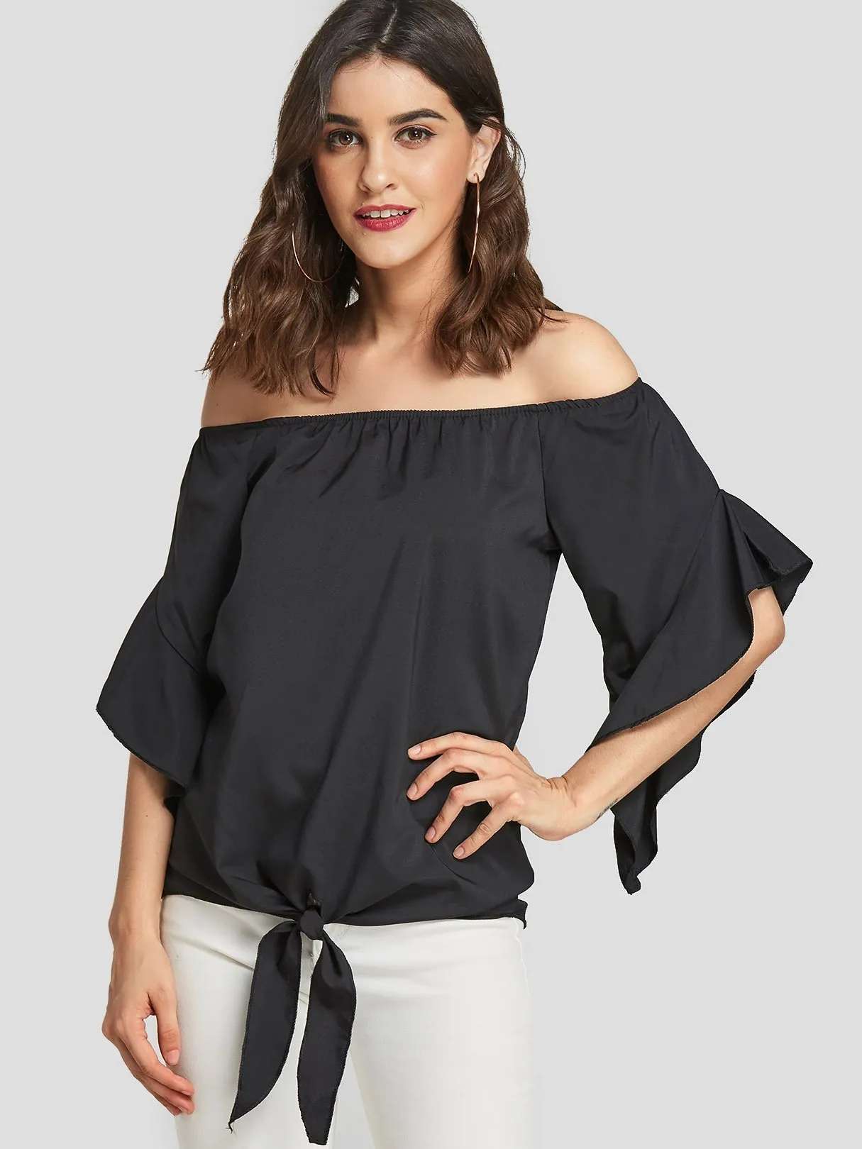 Custom Off The Shoulder Self-Tie Short Sleeve Blouses