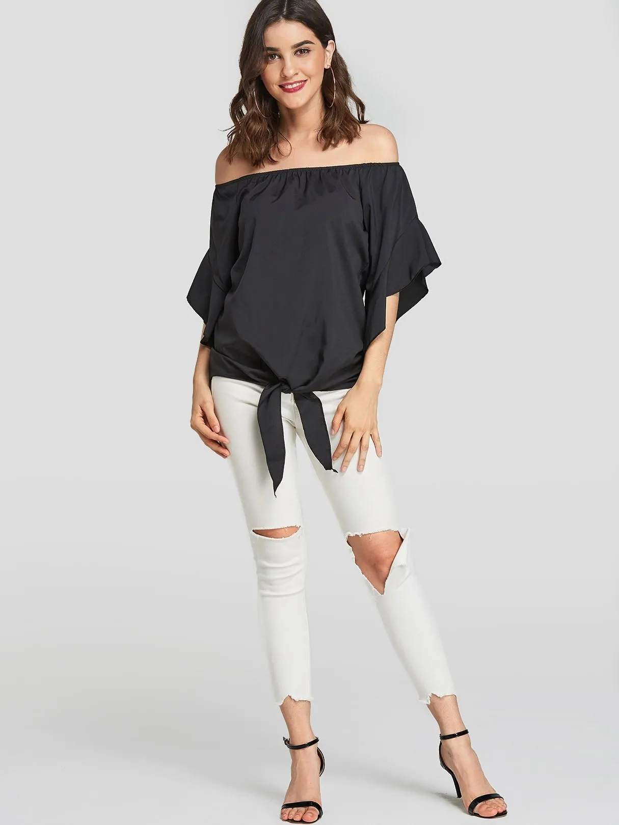 Custom Off The Shoulder Self-Tie Short Sleeve Blouses