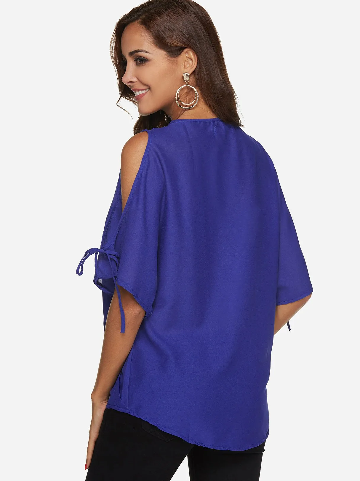 Custom V-Neck Cold Shoulder Plain Half Sleeve Top