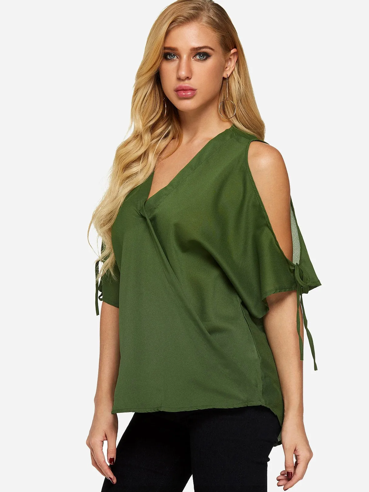 Custom V-Neck Cold Shoulder Plain Half Sleeve Top