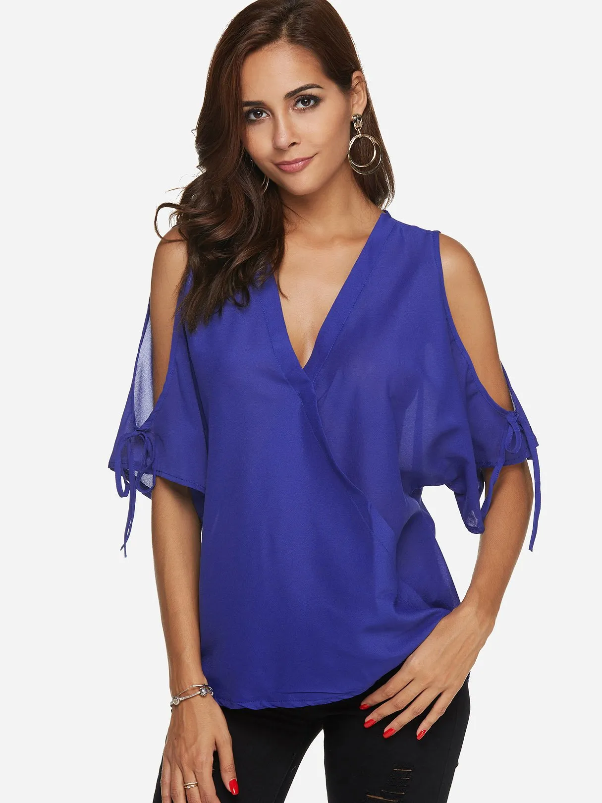 Custom V-Neck Cold Shoulder Plain Half Sleeve Top