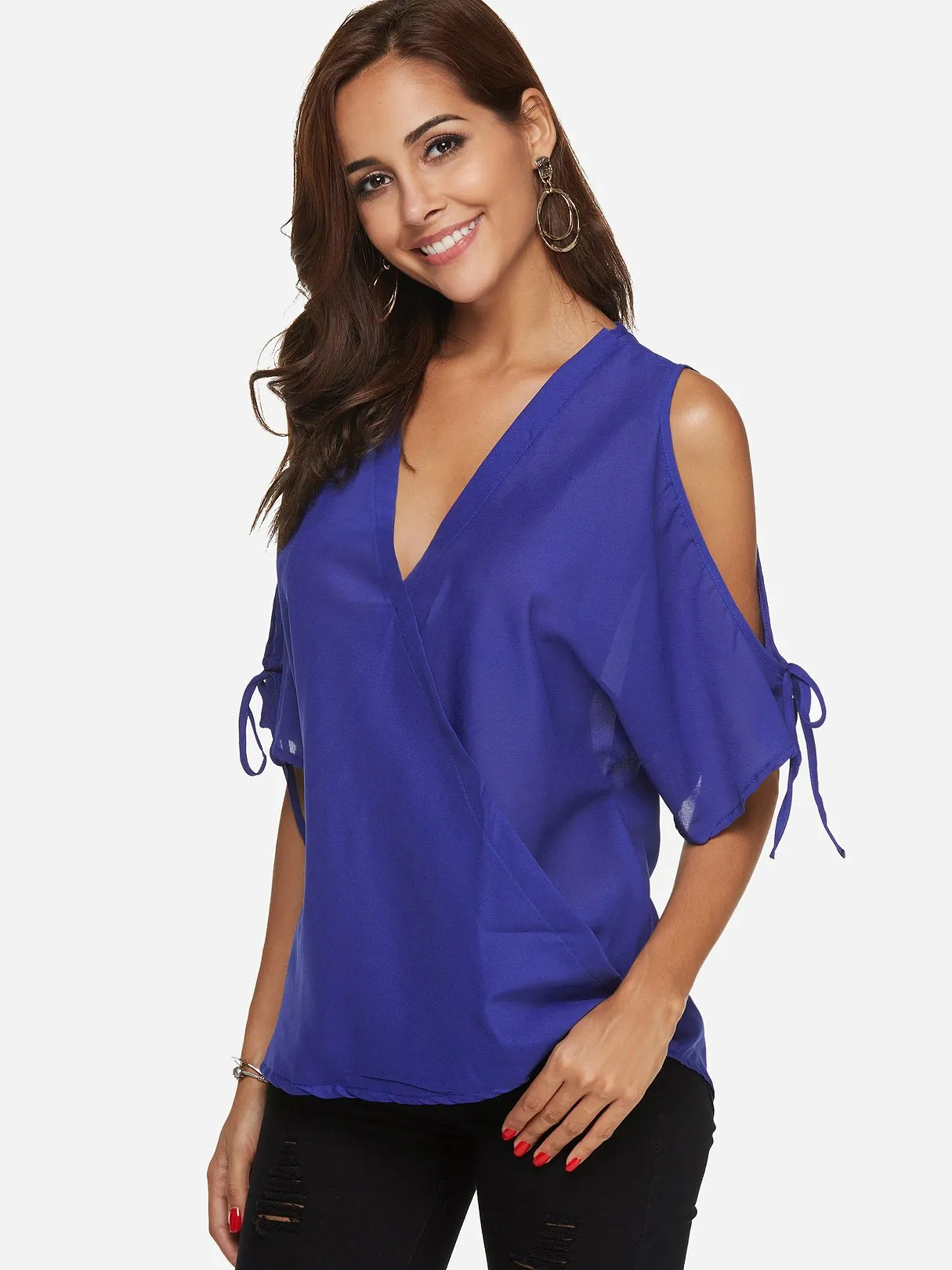 Custom V-Neck Cold Shoulder Plain Half Sleeve Top