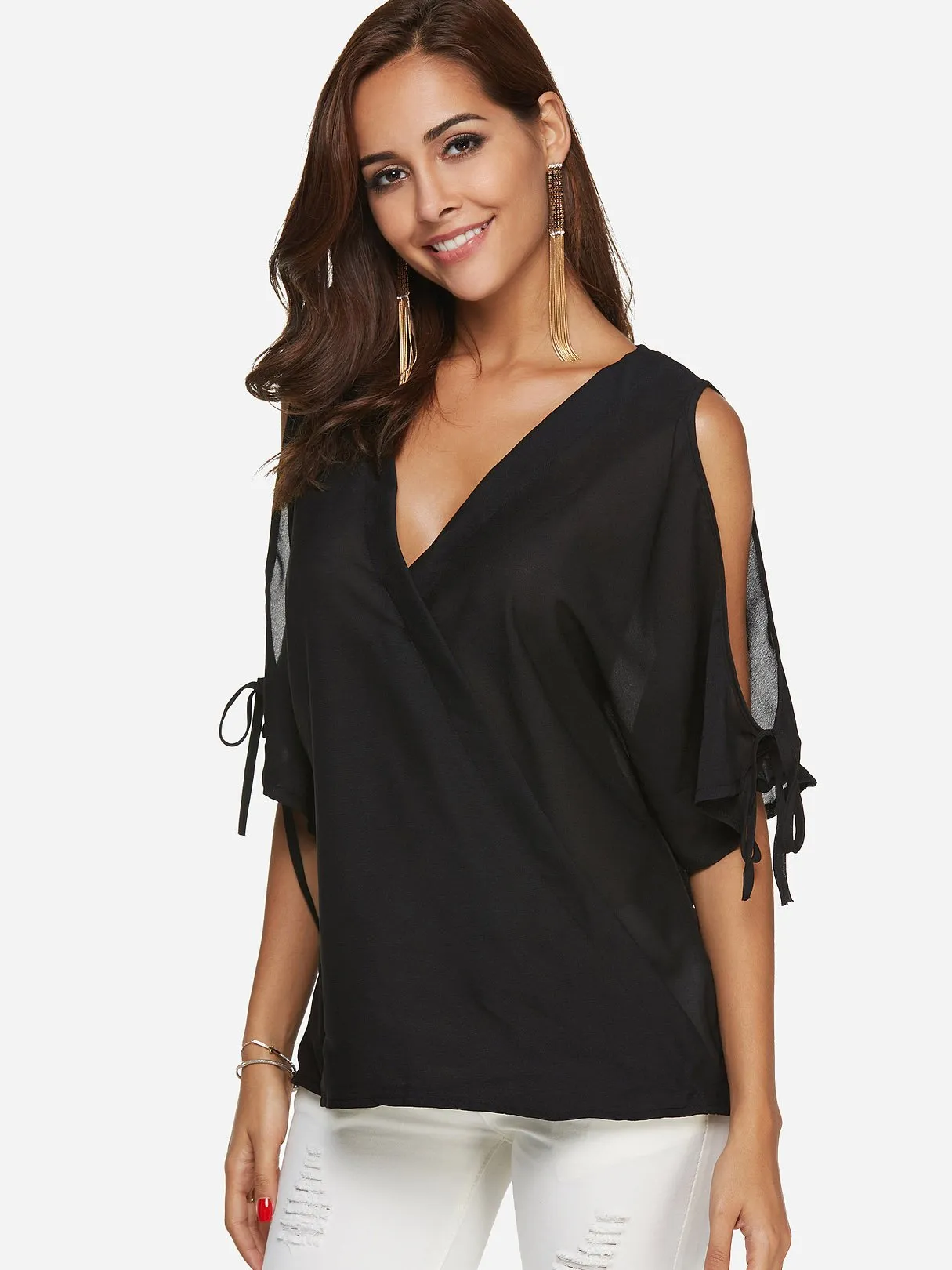 Custom V-Neck Cold Shoulder Plain Half Sleeve Top