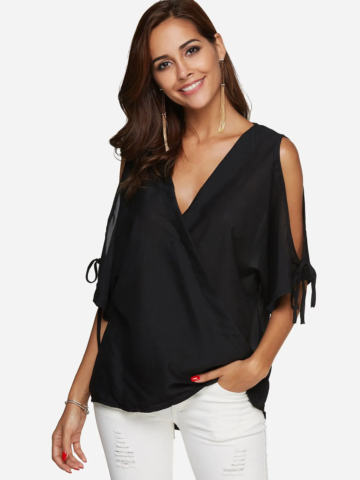 Custom V-Neck Cold Shoulder Plain Half Sleeve Top