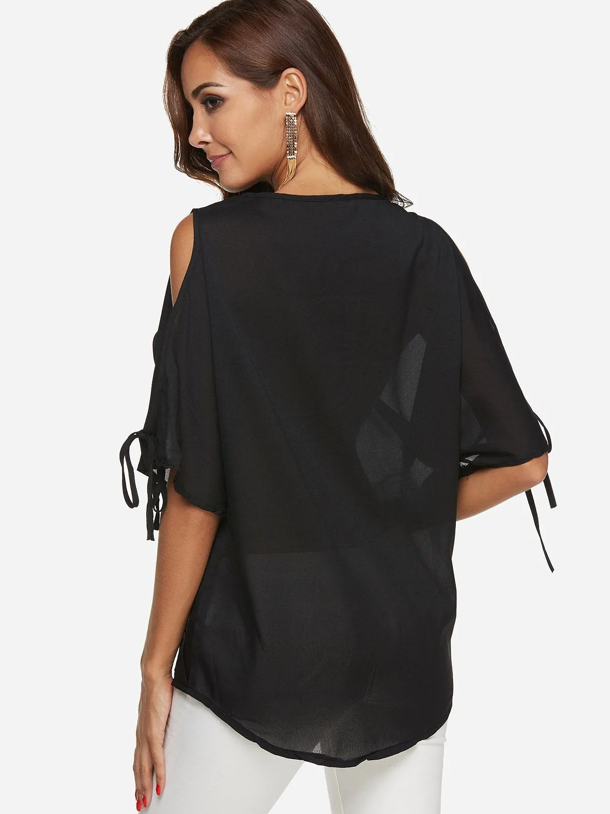 Custom V-Neck Cold Shoulder Plain Half Sleeve Top