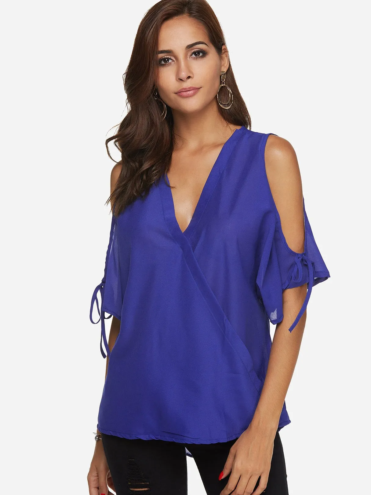 Custom V-Neck Cold Shoulder Plain Half Sleeve Top