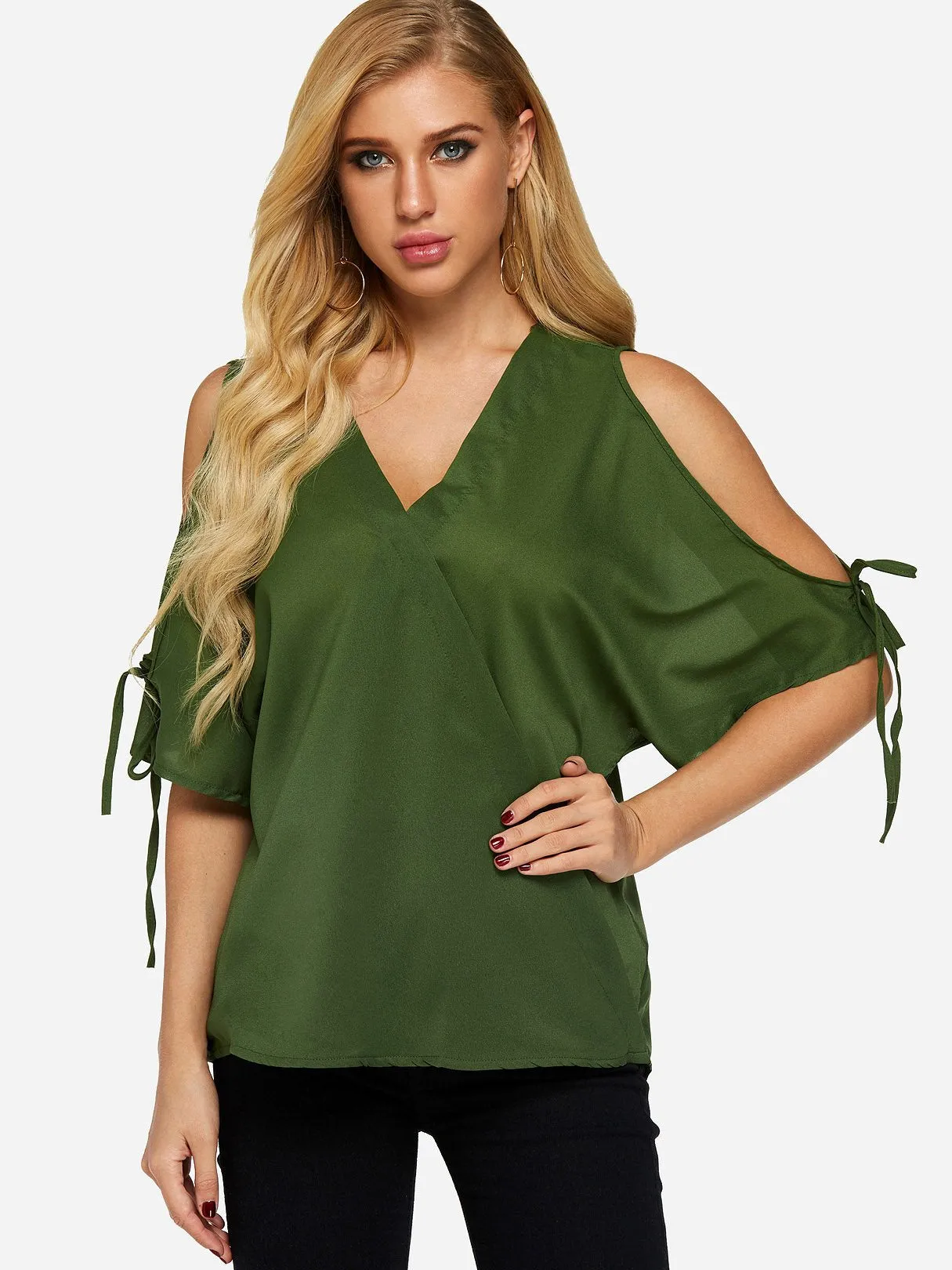 Custom V-Neck Cold Shoulder Plain Half Sleeve Top