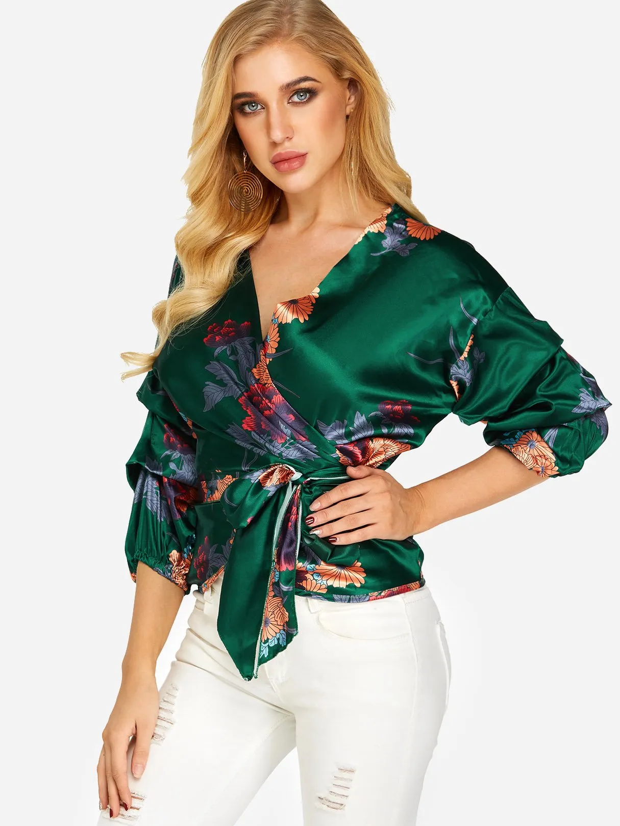 Custom V-Neck Floral Print Lace-Up 3/4 Sleeve Blouses