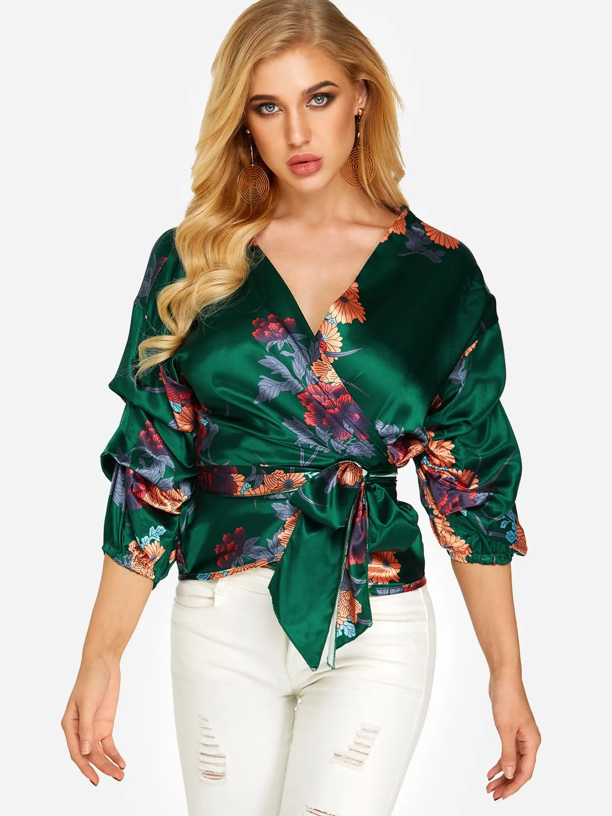 Custom V-Neck Floral Print Lace-Up 3/4 Sleeve Blouses