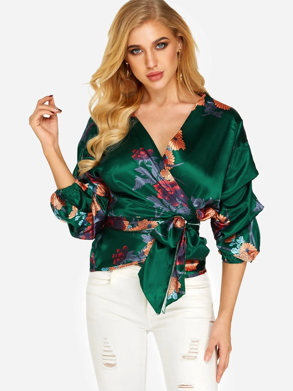 Custom V-Neck Floral Print Lace-Up 3/4 Sleeve Blouses