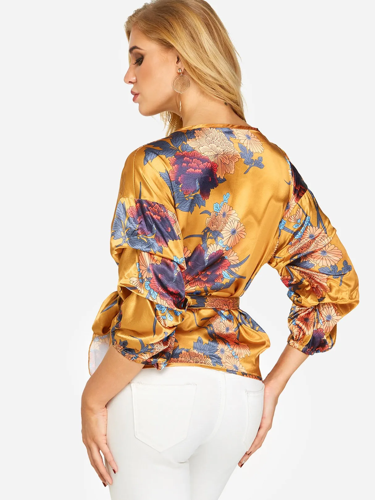 Custom V-Neck Floral Print Lace-Up 3/4 Sleeve Blouses