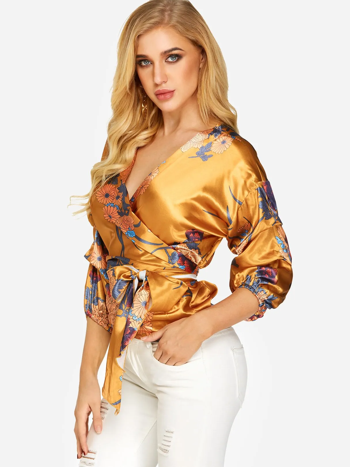 Custom V-Neck Floral Print Lace-Up 3/4 Sleeve Blouses