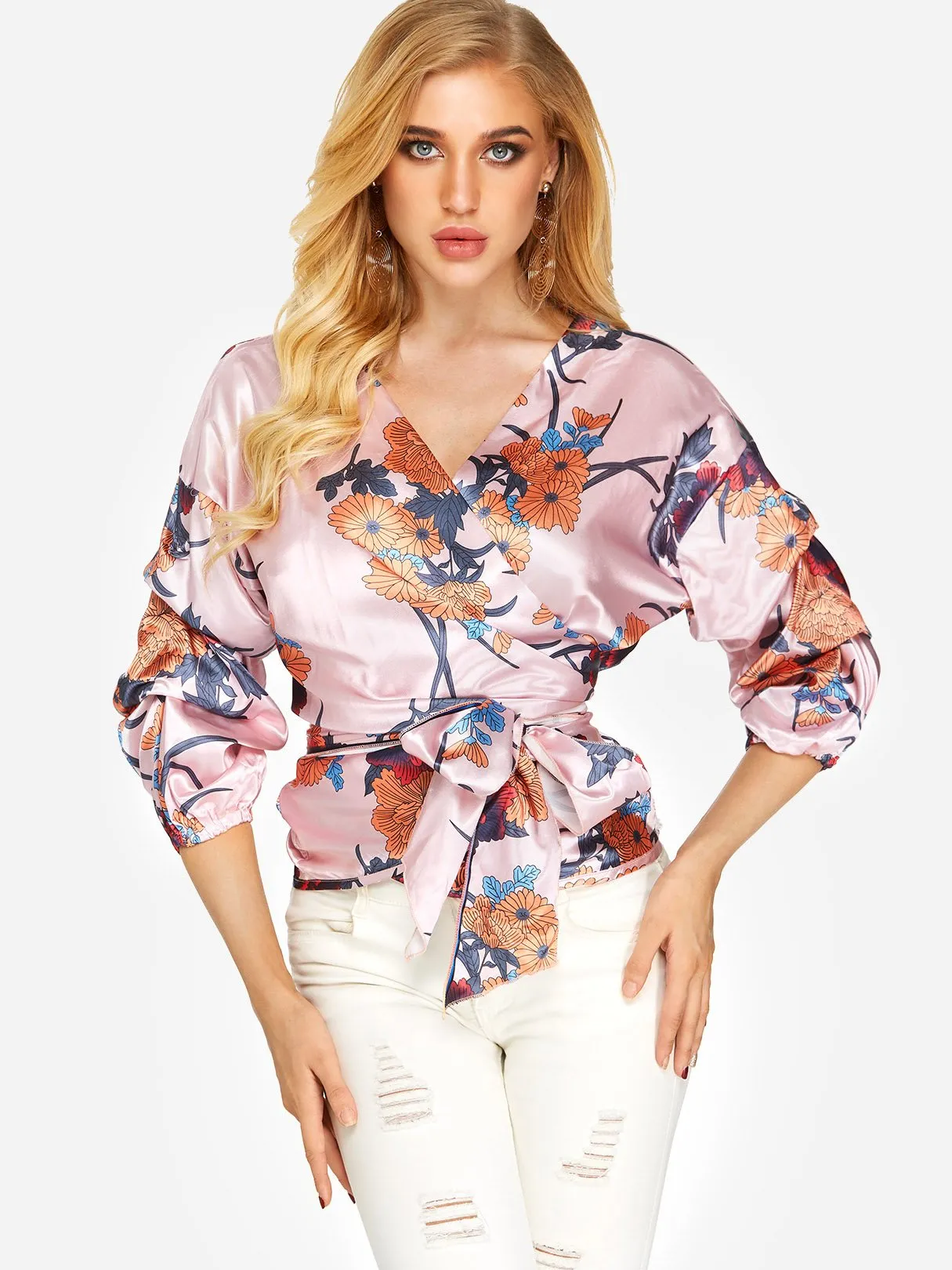 Custom V-Neck Floral Print Lace-Up 3/4 Sleeve Blouses