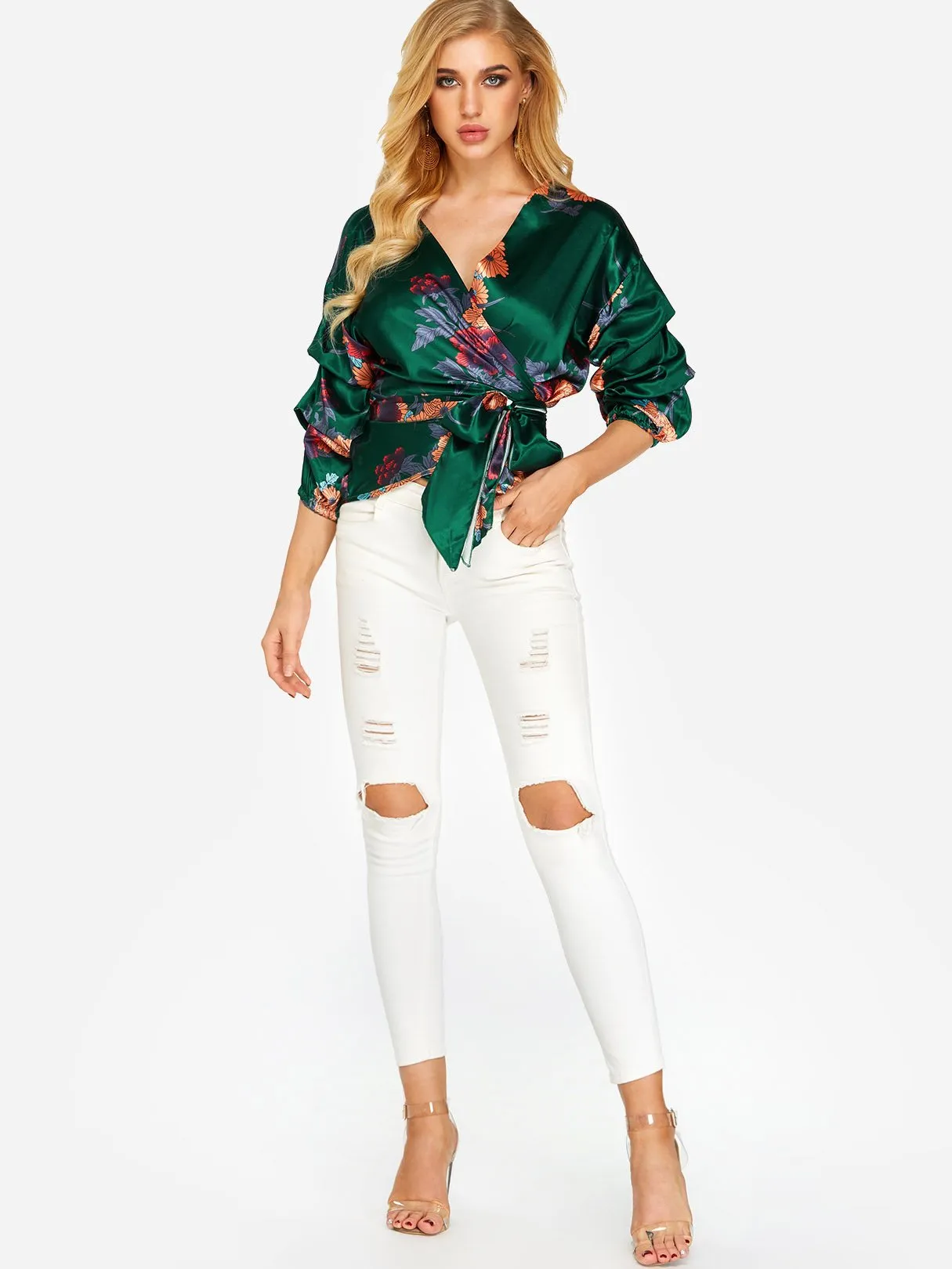 Custom V-Neck Floral Print Lace-Up 3/4 Sleeve Blouses