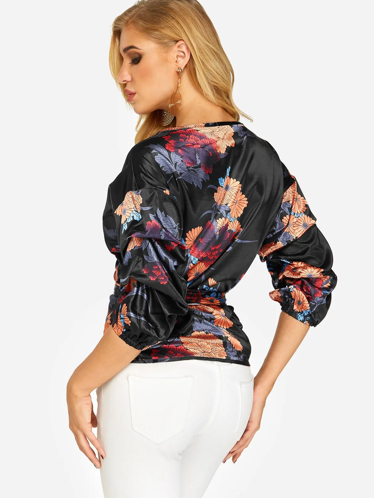 Custom V-Neck Floral Print Lace-Up 3/4 Sleeve Blouses