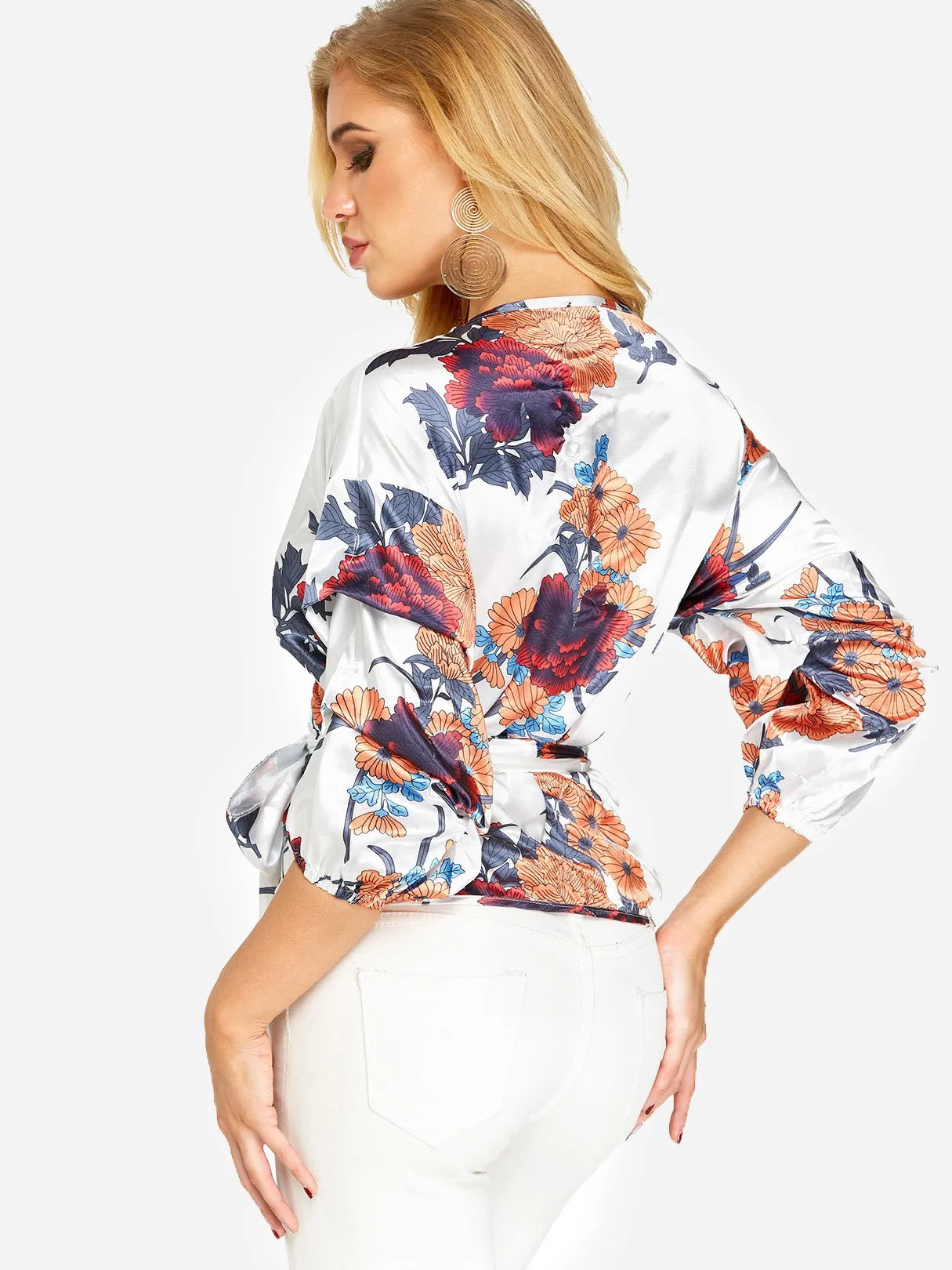 Custom V-Neck Floral Print Lace-Up 3/4 Sleeve Blouses