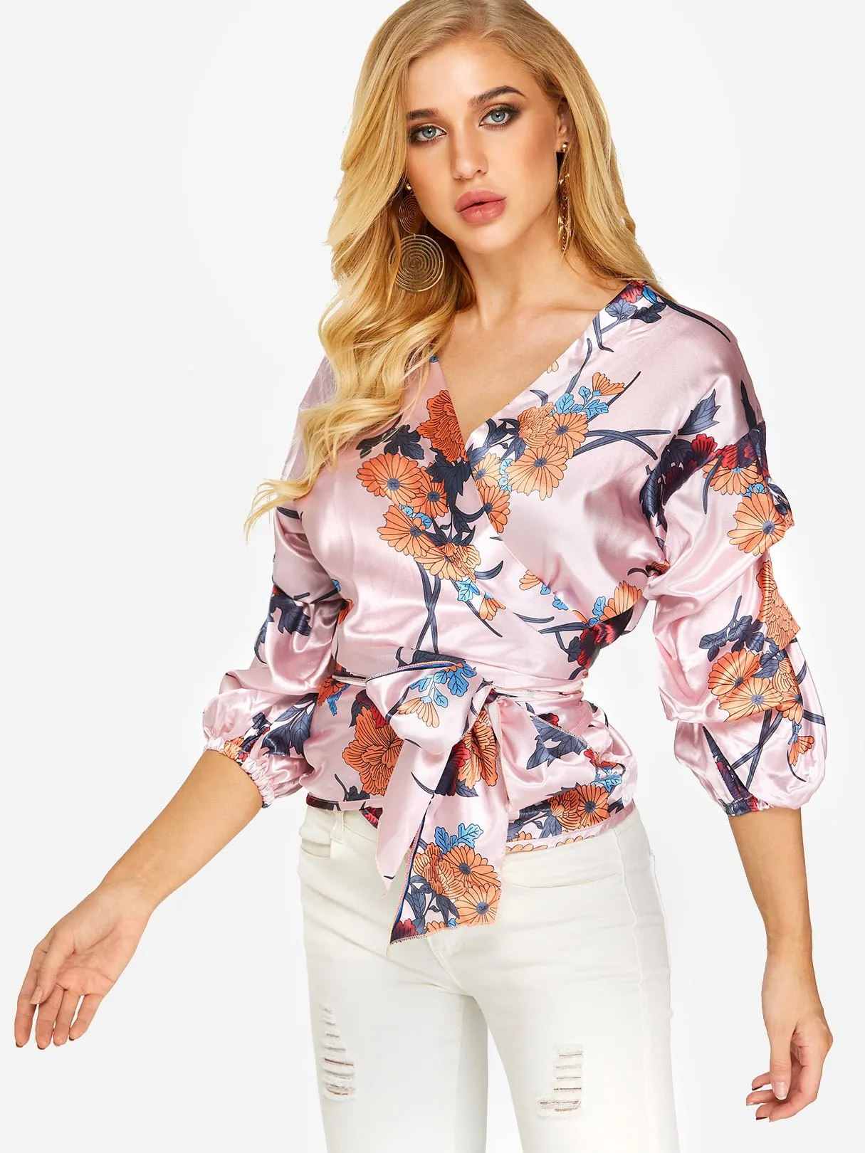 Custom V-Neck Floral Print Lace-Up 3/4 Sleeve Blouses