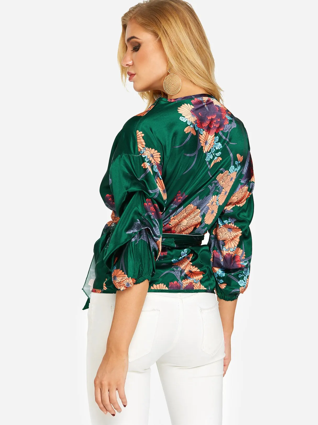 Custom V-Neck Floral Print Lace-Up 3/4 Sleeve Blouses