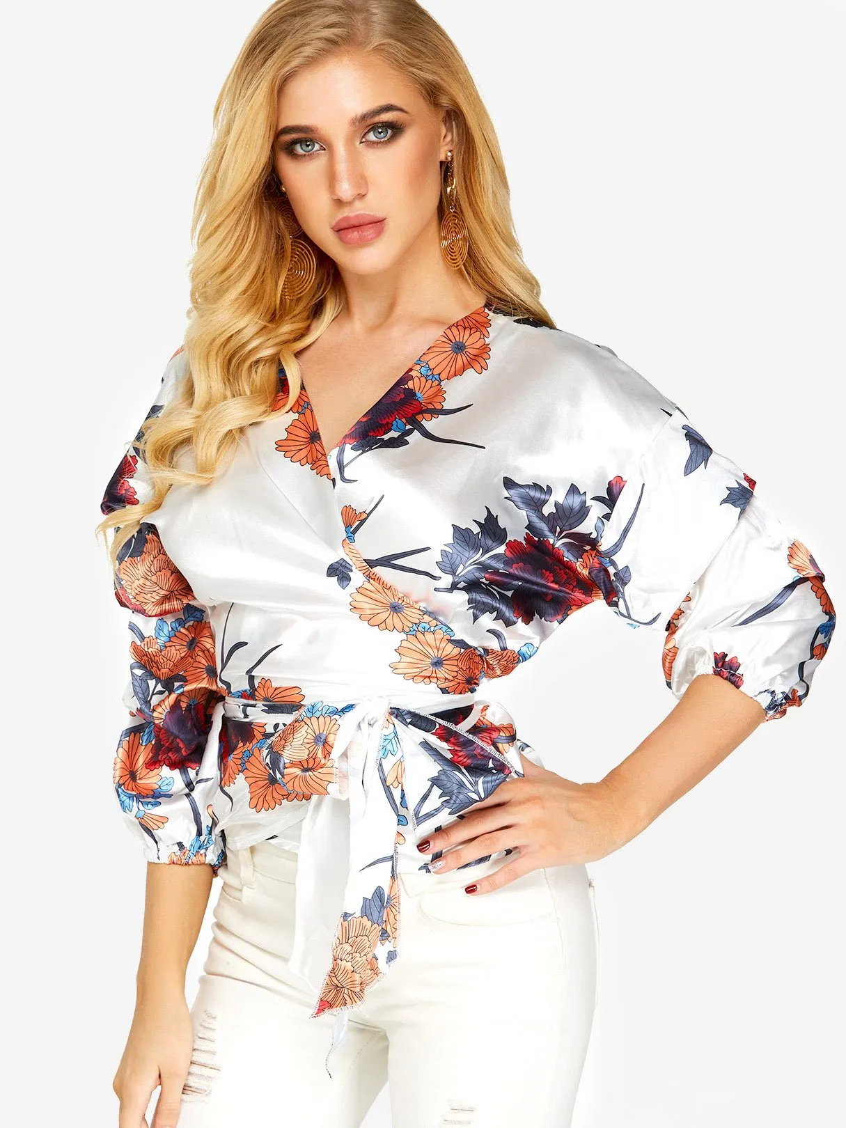 Custom V-Neck Floral Print Lace-Up 3/4 Sleeve Blouses