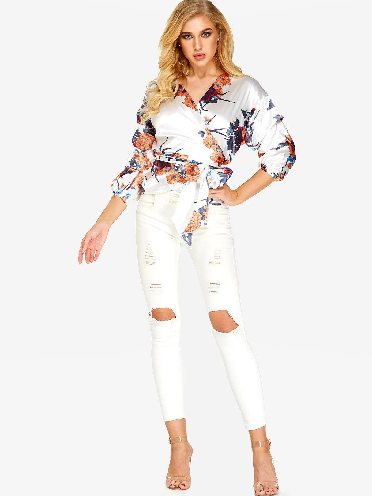 Custom V-Neck Floral Print Lace-Up 3/4 Sleeve Blouses