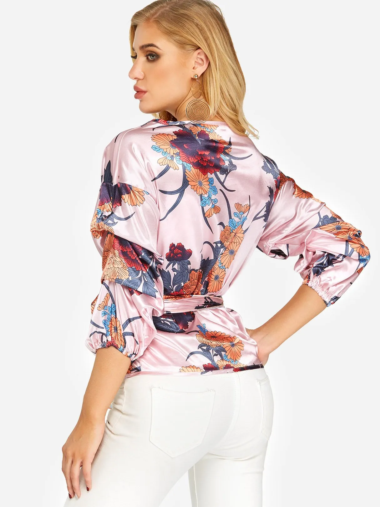 Custom V-Neck Floral Print Lace-Up 3/4 Sleeve Blouses