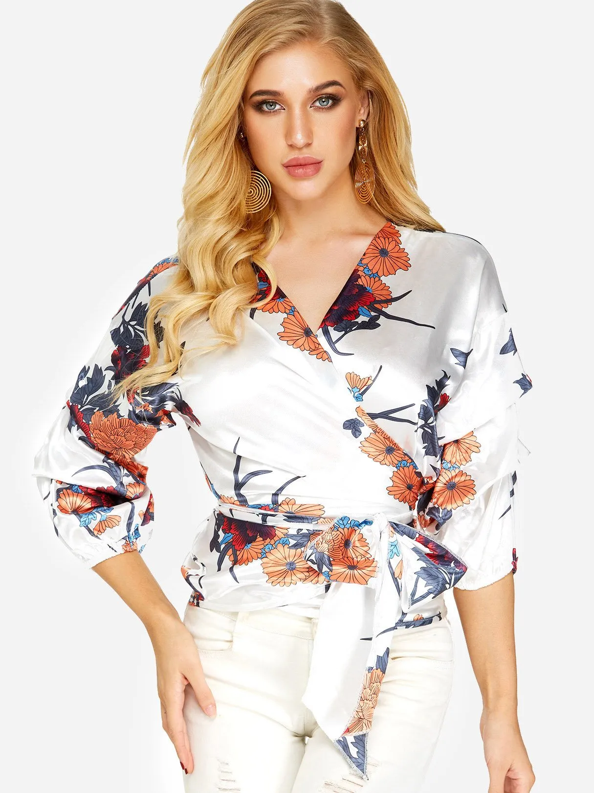 Custom V-Neck Floral Print Lace-Up 3/4 Sleeve Blouses