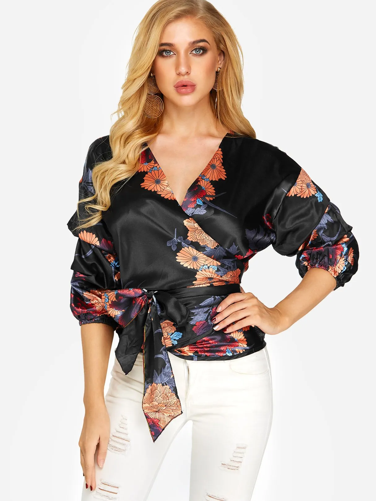 Custom V-Neck Floral Print Lace-Up 3/4 Sleeve Blouses