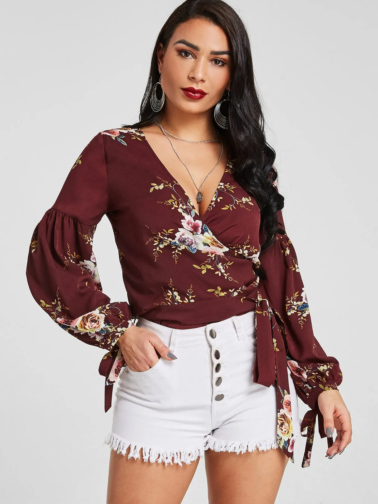 Custom V-Neck Floral Print Lace-Up Self-Tie Long Sleeve Burgundy Blouses