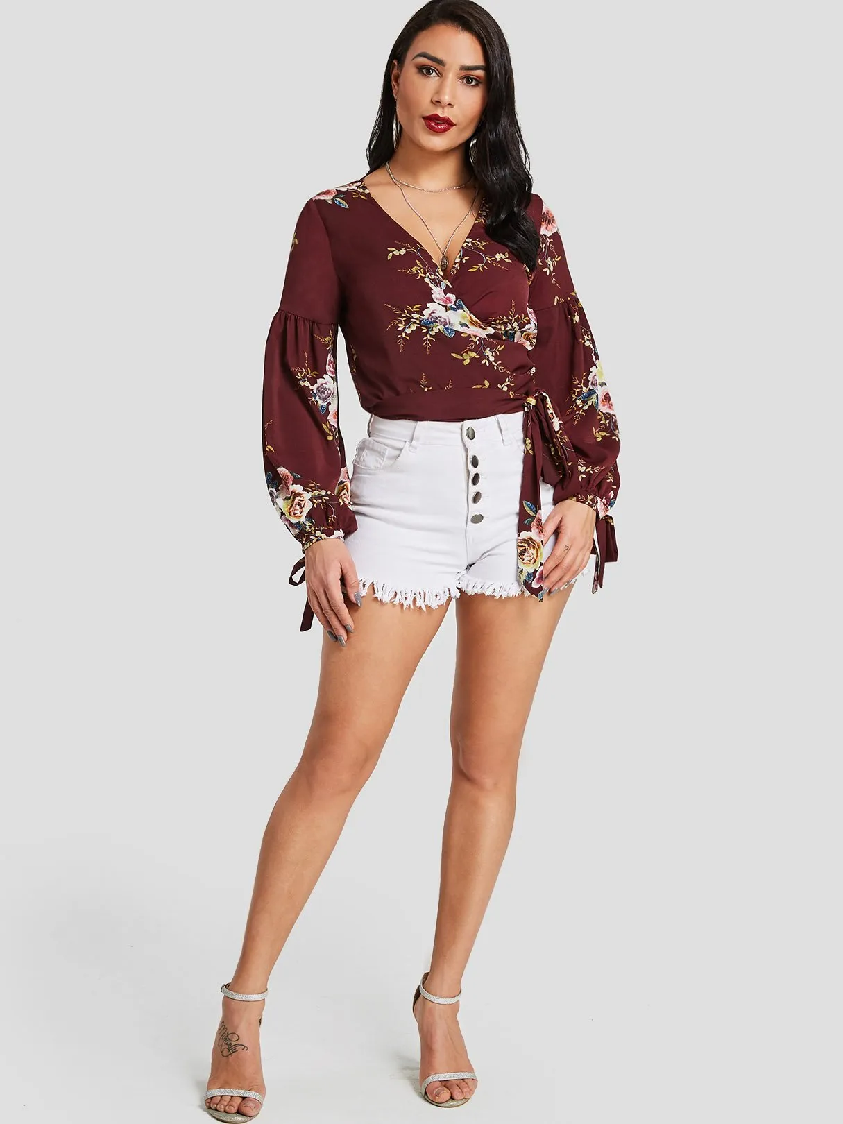 Custom V-Neck Floral Print Lace-Up Self-Tie Long Sleeve Burgundy Blouses