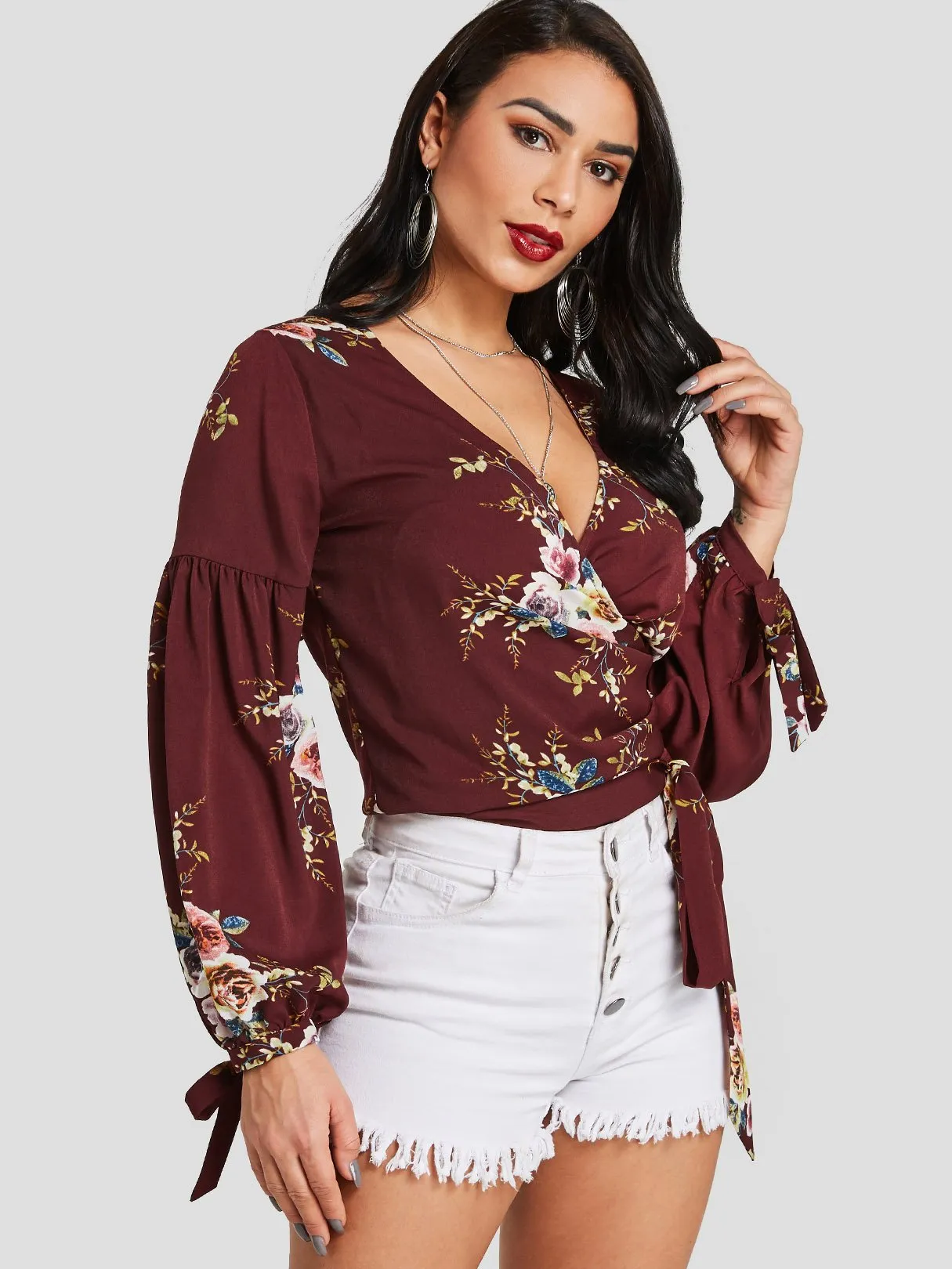 Custom V-Neck Floral Print Lace-Up Self-Tie Long Sleeve Burgundy Blouses