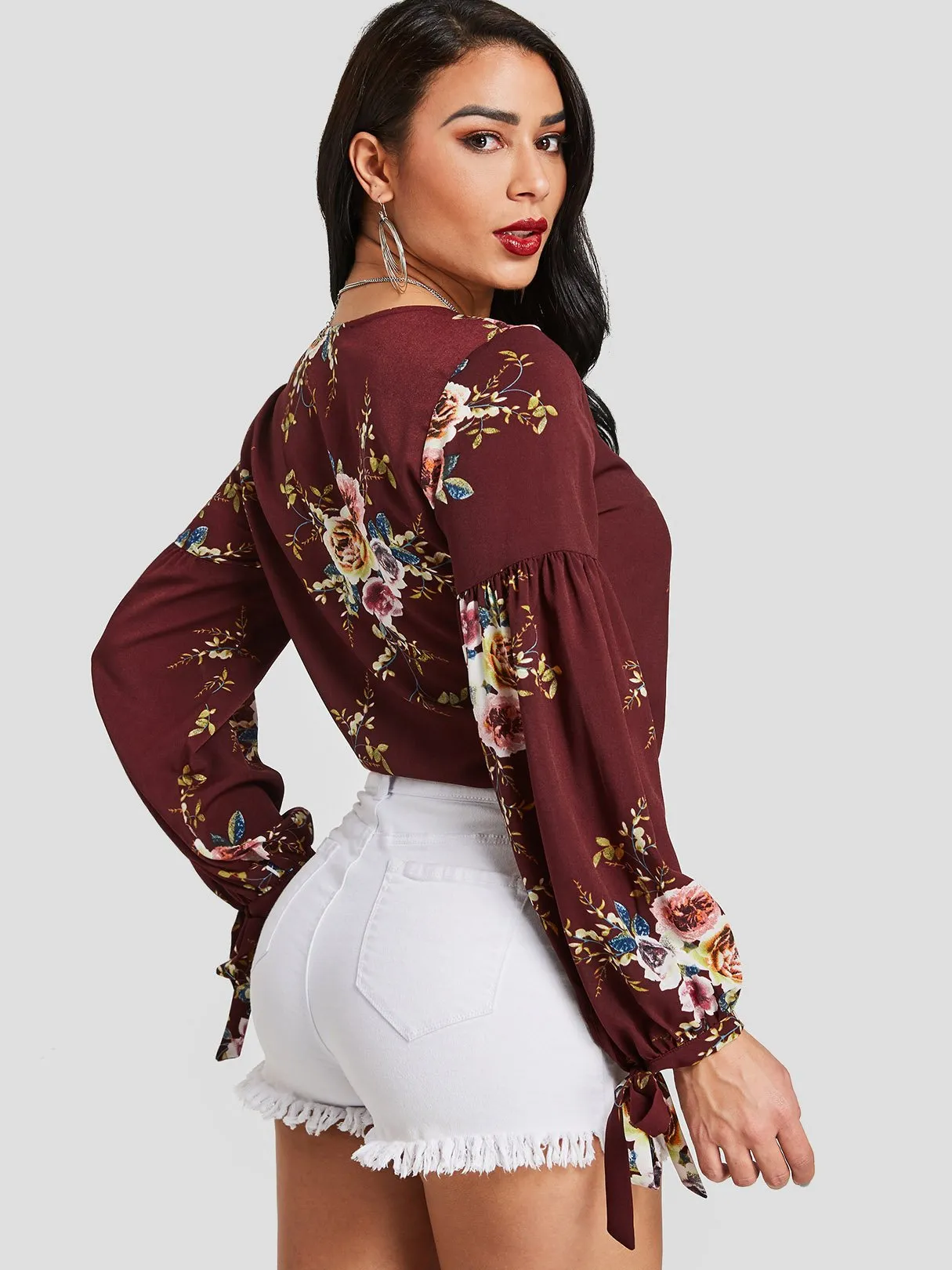 Custom V-Neck Floral Print Lace-Up Self-Tie Long Sleeve Burgundy Blouses