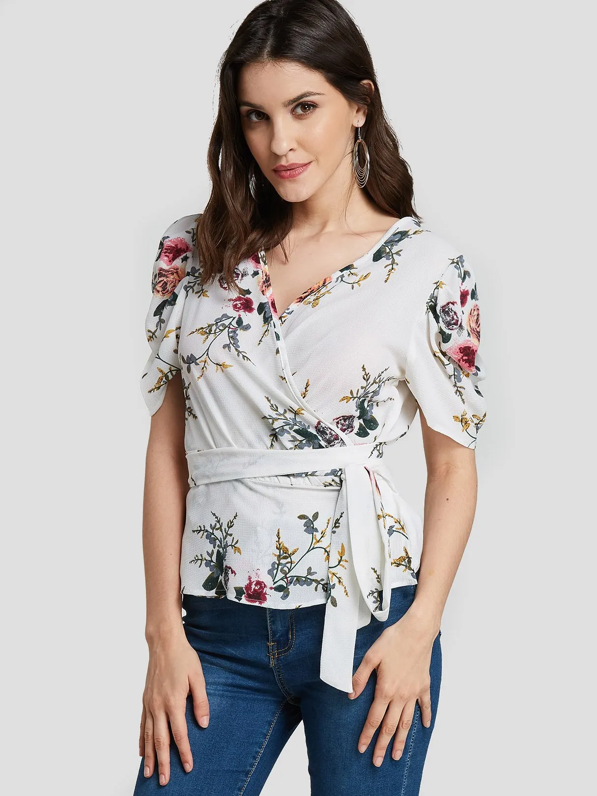 Custom V-Neck Floral Print Short Sleeve White Blouses