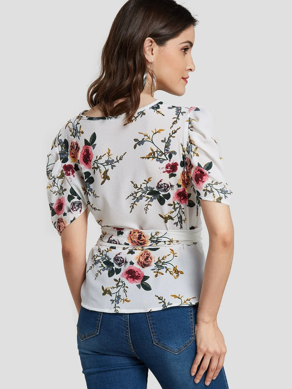 Custom V-Neck Floral Print Short Sleeve White Blouses