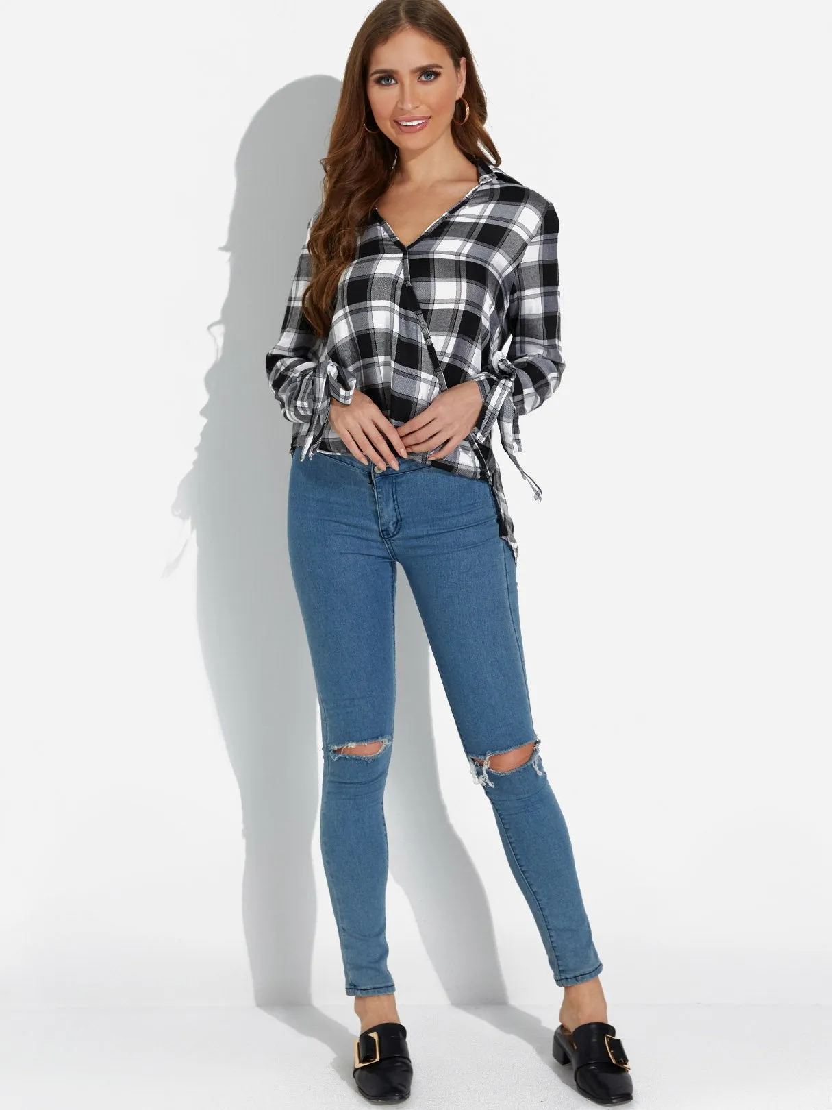 Custom V-Neck Grid Crossed Front Long Sleeve Curved Hem Black Blouses