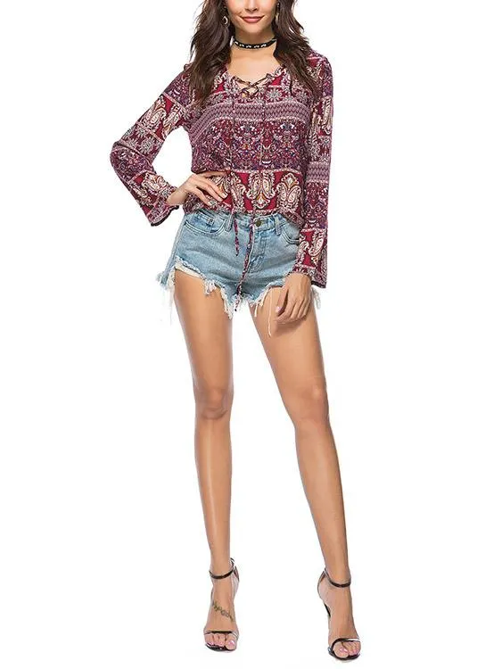 Custom V-Neck Lace-Up Long Sleeve Blouses