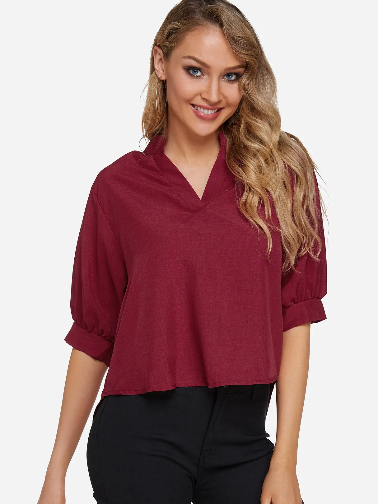 Custom V-Neck Plain Half Sleeve Irregular Hem Blouses