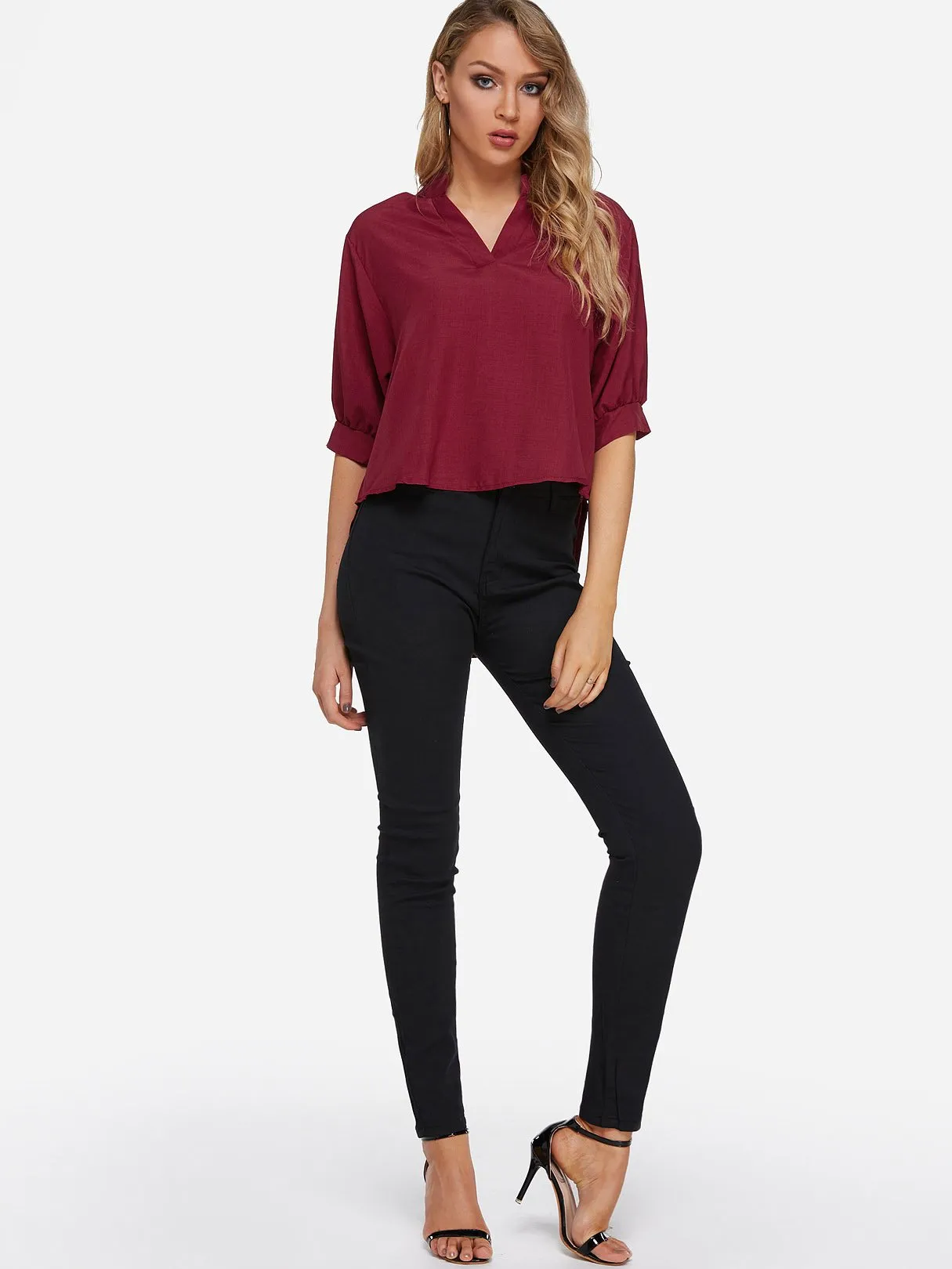 Custom V-Neck Plain Half Sleeve Irregular Hem Blouses