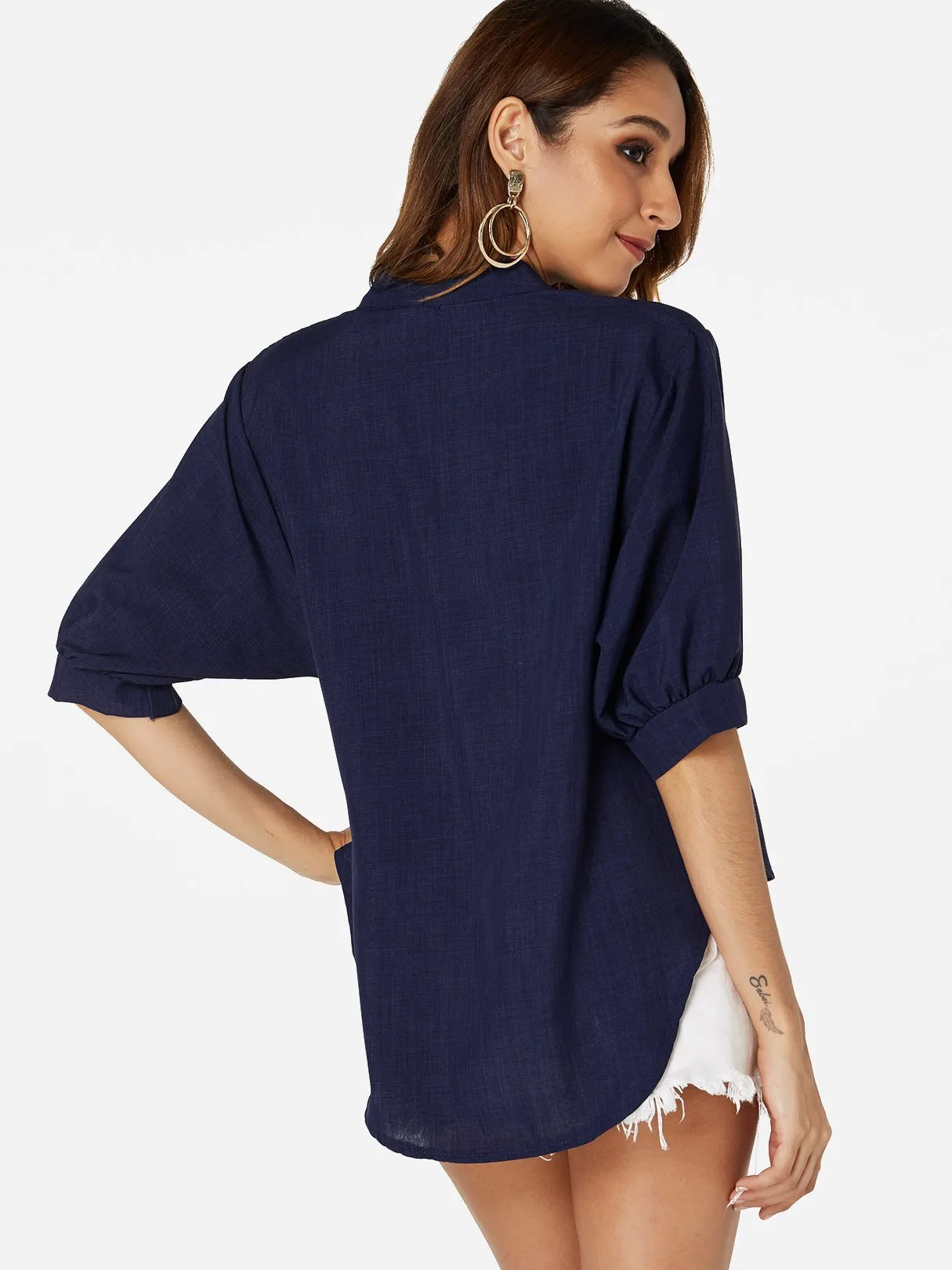 Custom V-Neck Plain Half Sleeve Irregular Hem Blouses