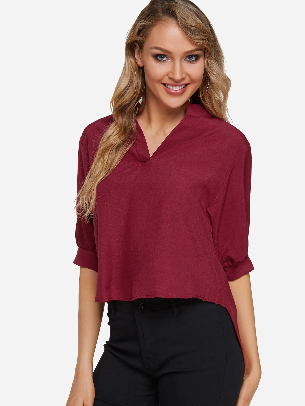 Custom V-Neck Plain Half Sleeve Irregular Hem Blouses